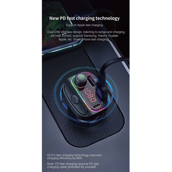 18W Fast Charging Car FM Transmitter Bluetooth With 7 Color LED Atmosphere Light