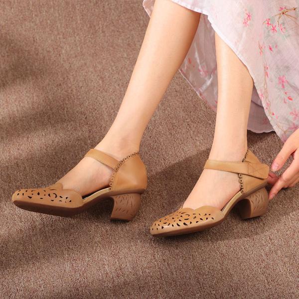 HZM011 Genuine Leather Women'S Shoes 2021 New First Layer Cowhide Women'S Sandals Hollow Carved High-Heel Shoes Casual A