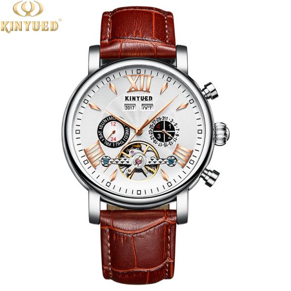 KINYUED J017-4  Gold Case Black Dial Leather Strap Complete Calendar Skeleton Waterproof Wristwatches montre homme