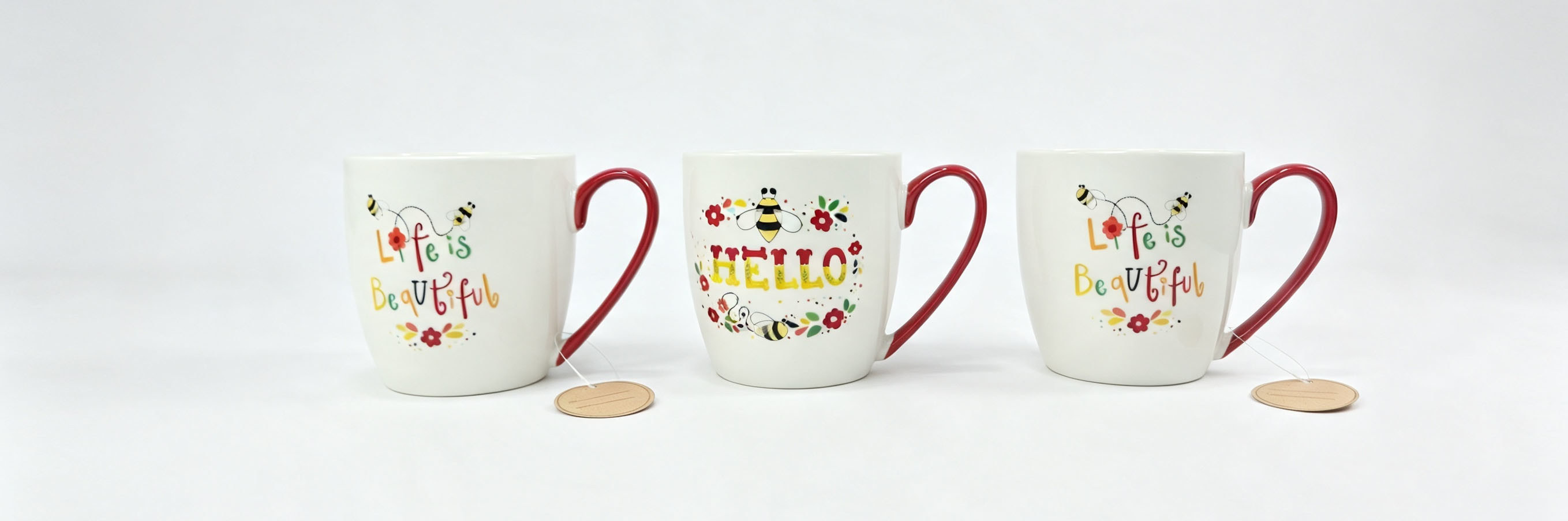 Bee Floral Inspirational Ceramic Coffee Mug Set of 3, White Mugs with Red‑Colored Handle, Positive Quote Tea Cups