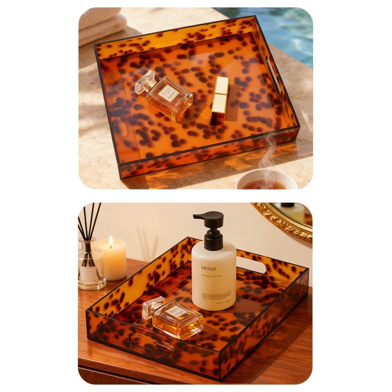 Customizable Acrylic Rectangular Leopard-print Amber Acrylic Snack Tray Makeup Storage Tray for Home