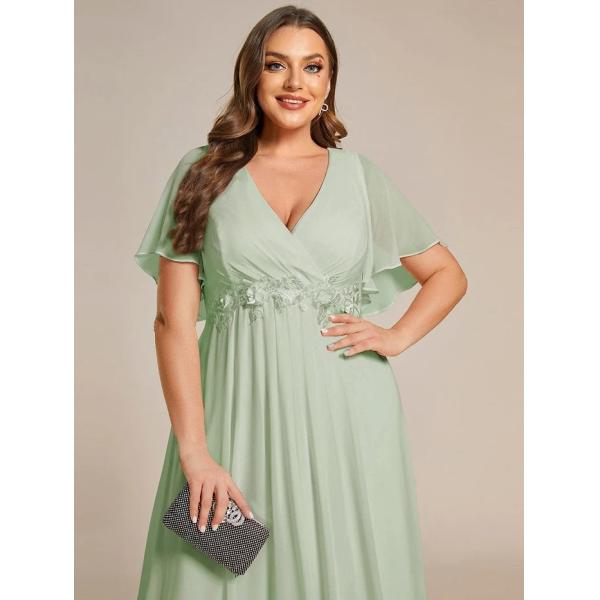 Charming Empire Applique A-line Short Flutter Sleeves V-neck Invisible Zipper Mint Green Chiffon Evening Dress