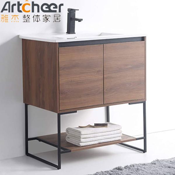 Modern Bathroom Vanity Cabinet with Steel Legs Open Shelf and Two Door Design
