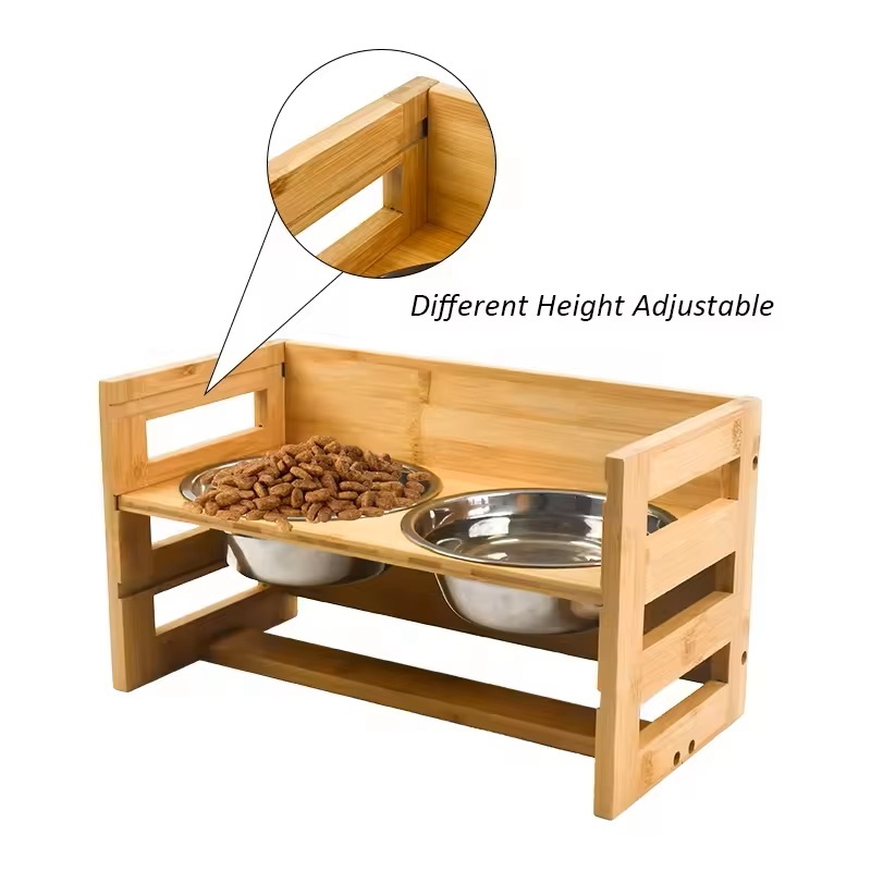 Height Adjustable Bamboo Elevated Dog Bowls Raised Pet Feeder Stand