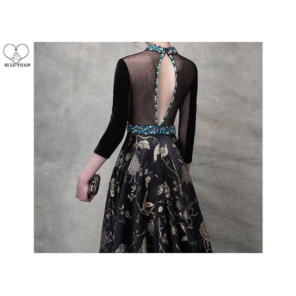 Birds Pattern Black Long Sleeve Ball Gown Blue Diamonds Beaded Back Hollow
