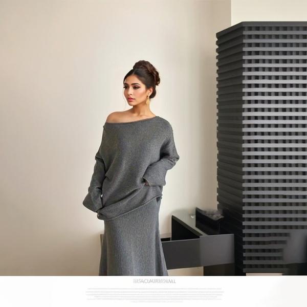Women's Sweater 2024 New Elegant Knitted Set Women's One Shoulder Sweater Top Elastic Waist Fishtail Skirt