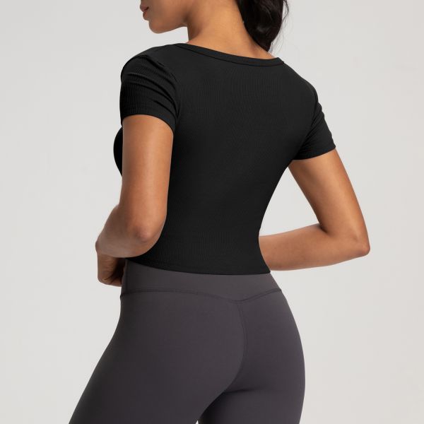 Yoga Ribbed Knit Cropped Short Sleeve Henley Top Mauve Slim Fit for Women
