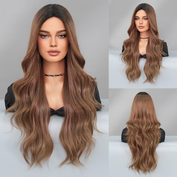 Fashion Long Body Wave Dark Root Hair Brown Synthetic Wigs For Women
