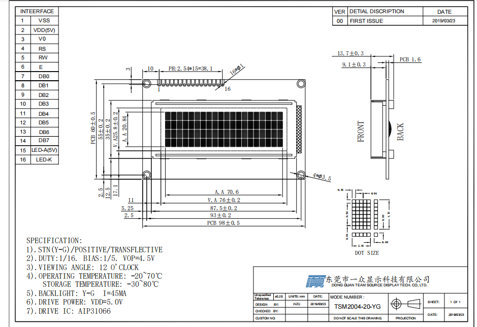 водитель облегченное 4.5V Lcd AIP31066 характера 20x4 	зона взгляда 76x25.2mm