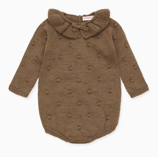 Antumn Winter Ruffle neck Long Sleeve Newborn Girls Organic Cotton Kids Infant Baby Knitted Sweater Romper