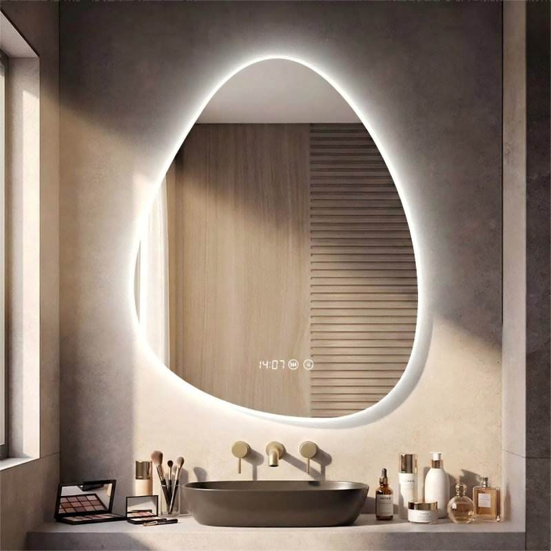 Kingstin Frameless LED Bathroom Mirror, Droplet Shape, Anti-Fog, Dimmable 3-Color Light, Smart Time Display, Wall Mounted