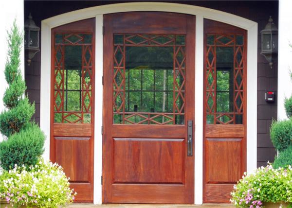 Mahogany Solid Wood Front Doors , Solid Wood Entrance Doors Tempered Glass For Villa
