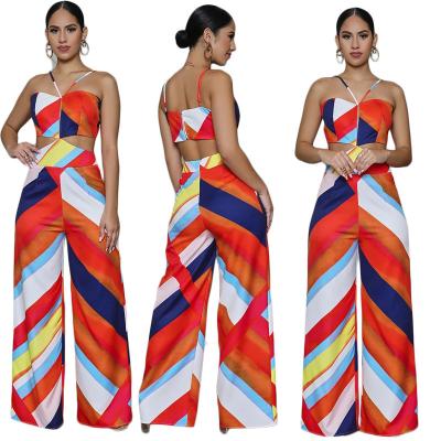 Print Halter Jumpsuit Wide-Leg Pants Casual Off The Shoulder Backless Playsuit