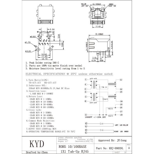 Single Port 100 BASE-T Integrated Magnetic RJ45 Jack Shielded With Y/G LED