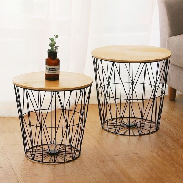 Modern Nightstand End Table Round Side Table Metal Mesh Base Wood Top Small Accent Coffee Table for Living Room Bedroom Office