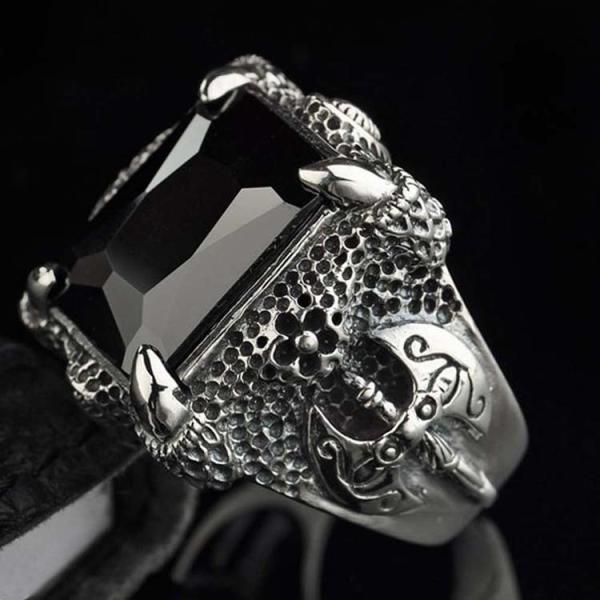 Mens Thailand Retro Dragon Sterling Silver Ring with Created Black Onyx(023605BLACK)