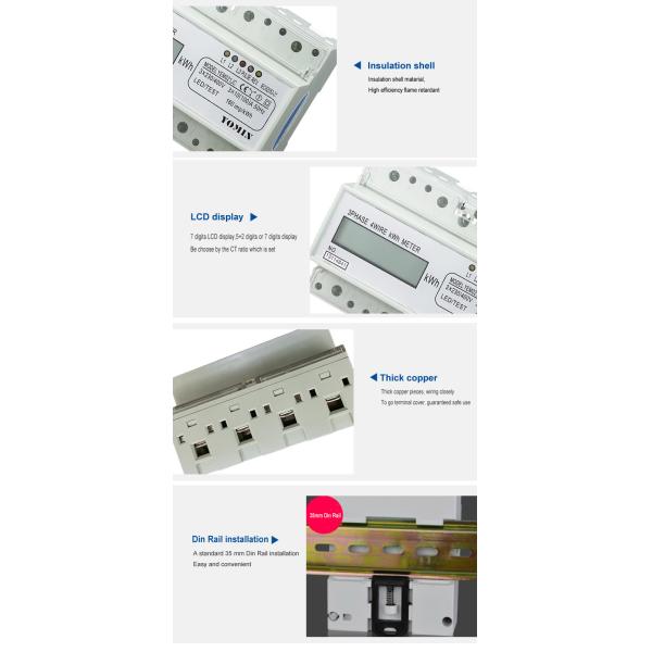 7 Module 4 Wire Three Phase Power Meter CT Connection Din Rail KWH Meter