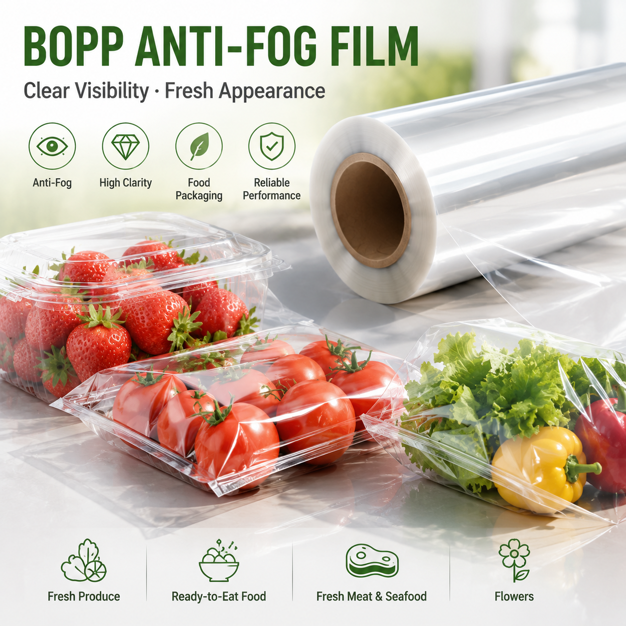 Fresh Seafood Display Anti-Fog BOPP Film 20-40 Micron Moisture Resistant Packaging