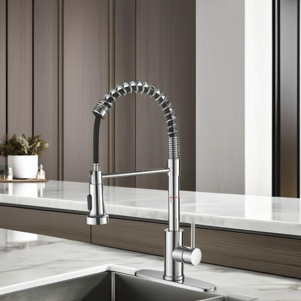 Deck Mounted Single Handle Pull-Down Kitchen Faucet in Brushed Nickel with Hole Cover