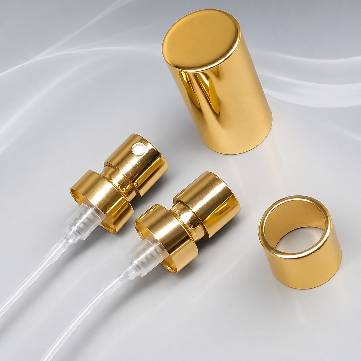 Luxury Aluminum Perfume Spray Pump with 21mm Gold Decorative Cap for Premium Fragrance Packaging