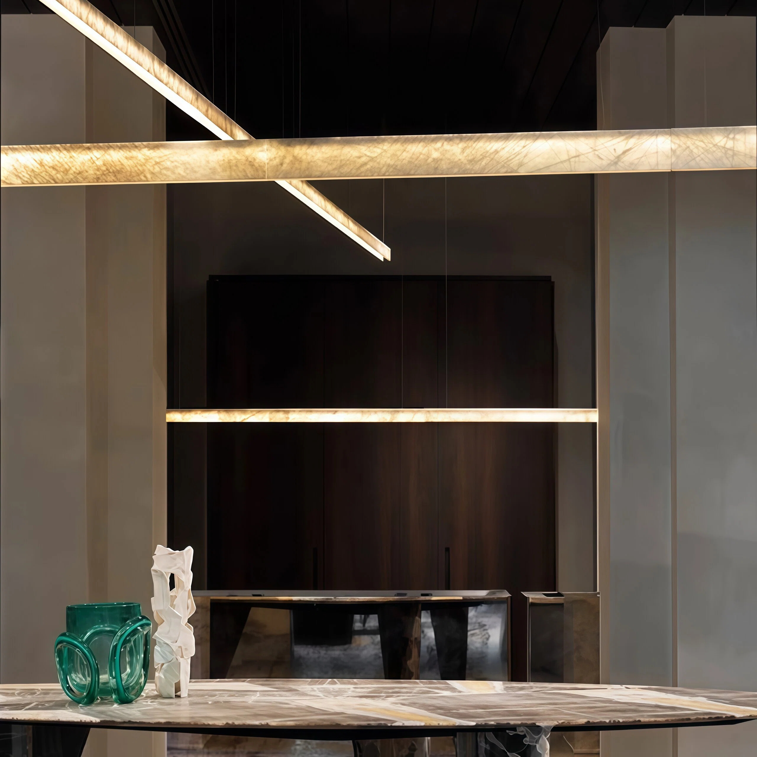JYLIGHTING Modern Long Linear Marble Suspension Lamp, Metal‑Supported Pendant Light for Kitchen Counter, Restaurant and Luxury Residential Projects