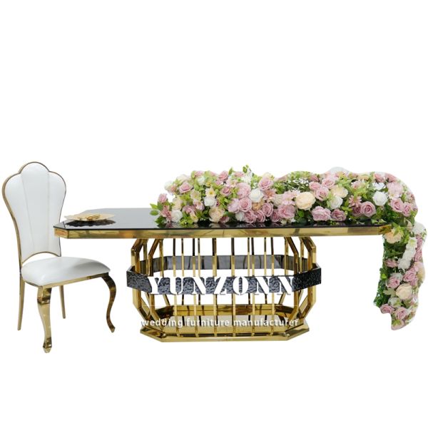 Modern Gold Stainless Steel Wedding Banquet Dining Table Rectangle Glass Hotel Furniture for Wedding Tables and Rentals