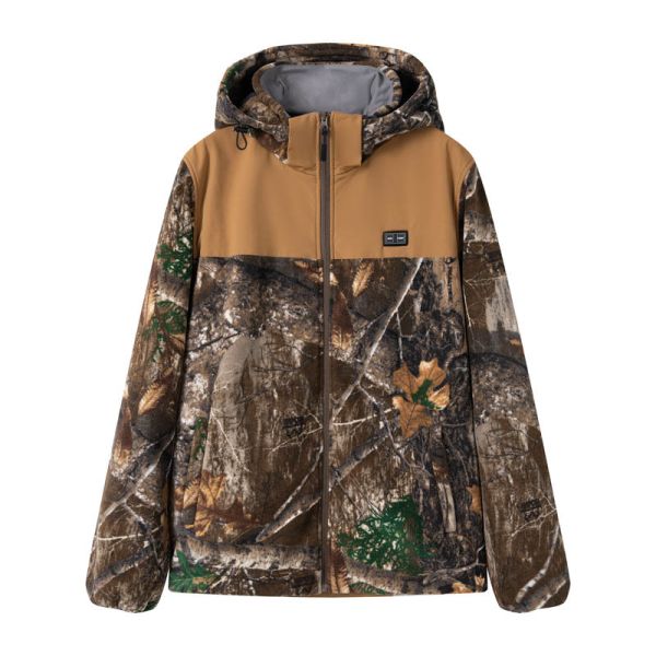 USB Heated Hunting Jacket with Forest Camo and Fleece Lined Softshell for Outdoor Use