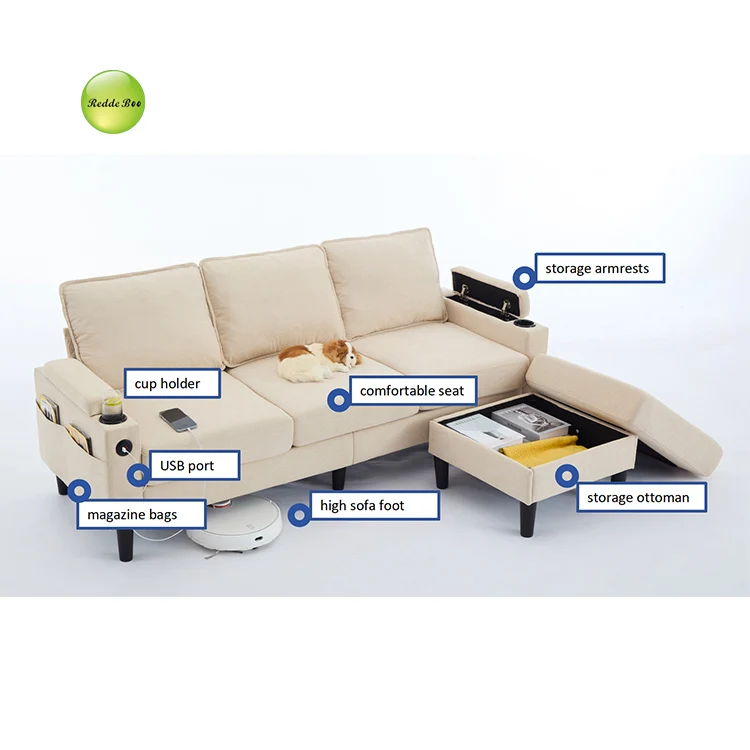 Comfortable L-Shaped Sofa: USB Ports, Cup Holder, Storage Boost Living Room Convenience