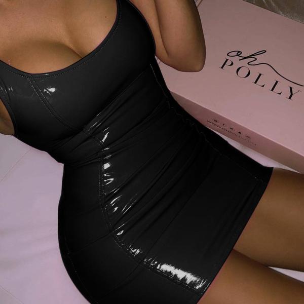 U Neck Sleeveless PU Leather Mini Dress
