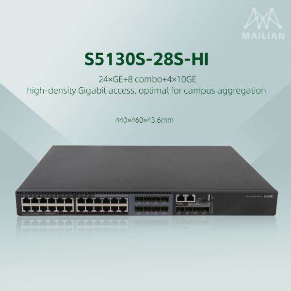 H3C S5130S-HI Series Gigabit Managed Ethernet Switch with 10G SFP+ Optical Ports, Dual Hot-Pluggable Power Supplies, and PoE++ Support