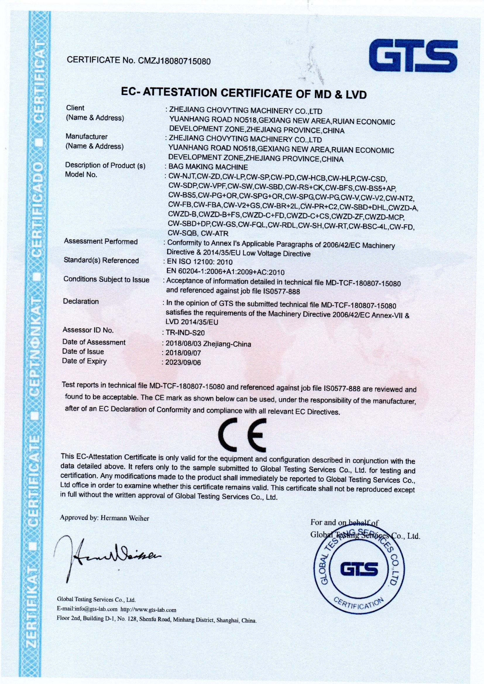 ZHEJIANG CHOVYTING MACHINERY CO., LTD Сертификации