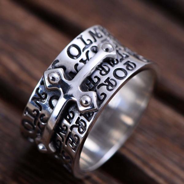 Men Retro Sterling 925 Silver Engraved Words Cross Band Style Ring (XH051940W)