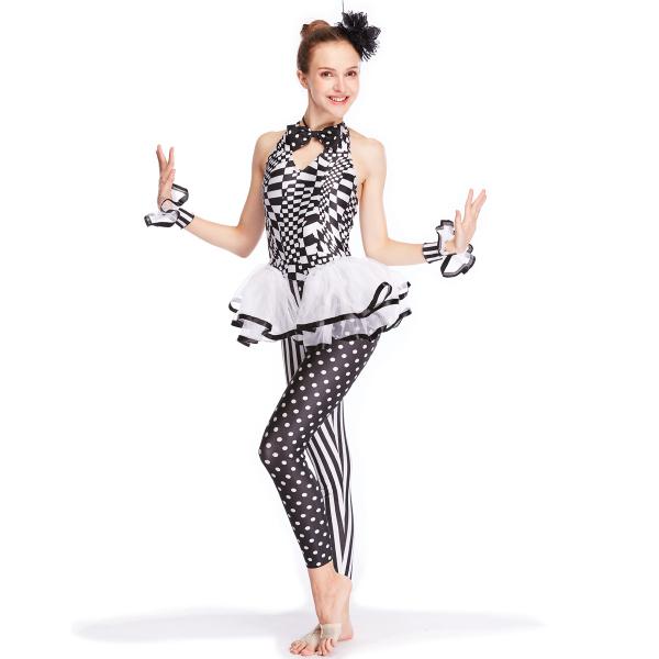 White Black Dance Competition Wear Magic Sleeveless Bodice Cercle Collar Skirt Tiers Leotard
