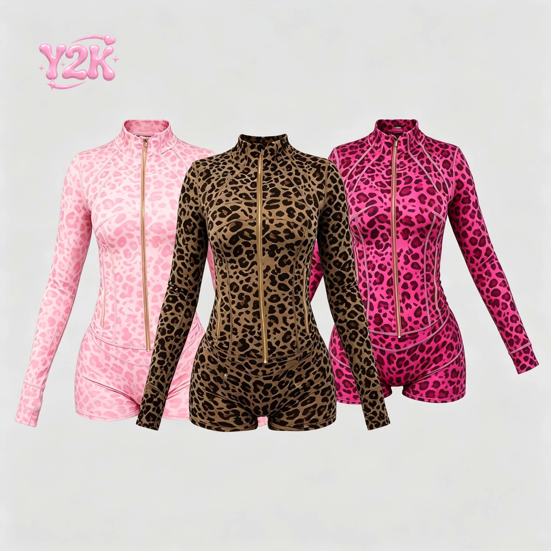 Custom Leopard Print Zip Up Jacket & Shorts Yoga Fitness Set