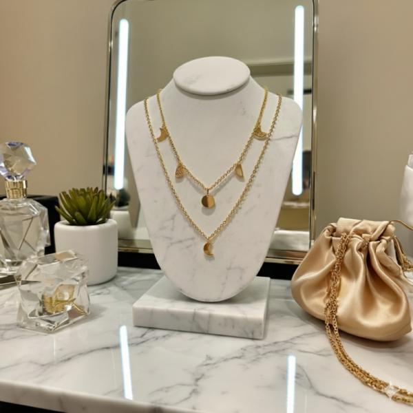 18K Gold Plated Layered Necklace for Women - Dainty Double Chain Moon & Disc Charm Pendant - Waterproof & Tarnish Free Hypoallergenic Jewelry - Minimalist Celestial Choker Gift for Her