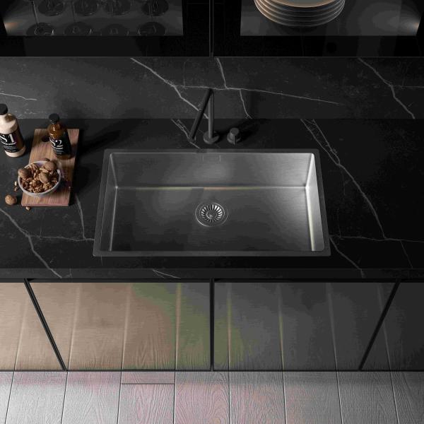 Meubles de maison de luxe Modulaire Faisceau de bois de noyer Matte Noir Couleur Verre Porte Armoires de cuisine Design moderne