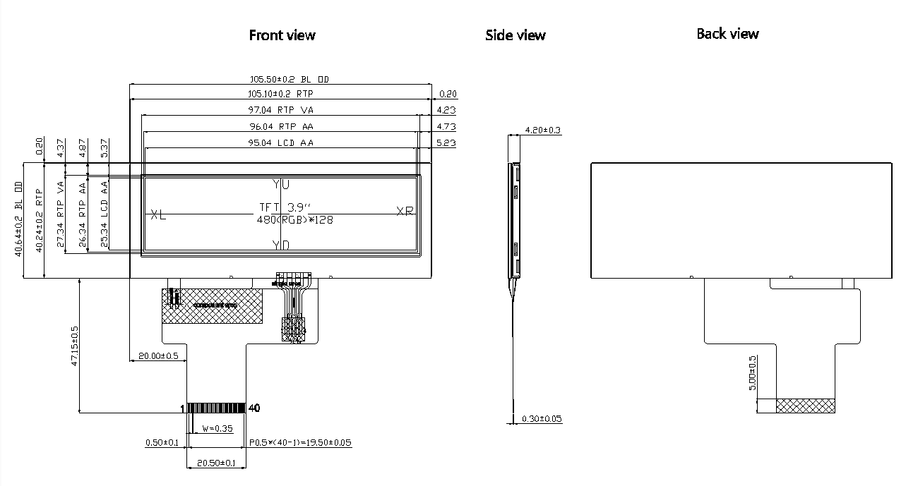 3.9 Inch Long Strip IPS TFT LCD Display 480×128 Resolution 380cd/M2 For Industrial Control