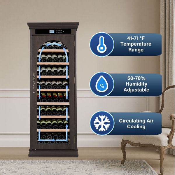 Dark Brown Solid Wood Freestanding Wine Cooler Cabinet with Arched Glass Door and Digital Control Panel