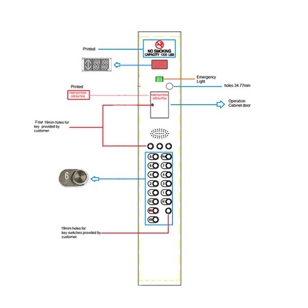 El acero inoxidable superficial poda y captura en botón del elevador del panel de control de la elevación