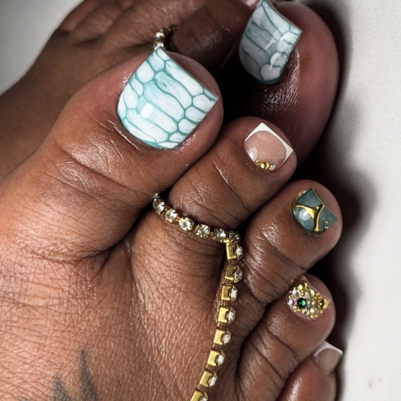 Square Print Designs Nail Art False Toe Nails 3D Rhinestone