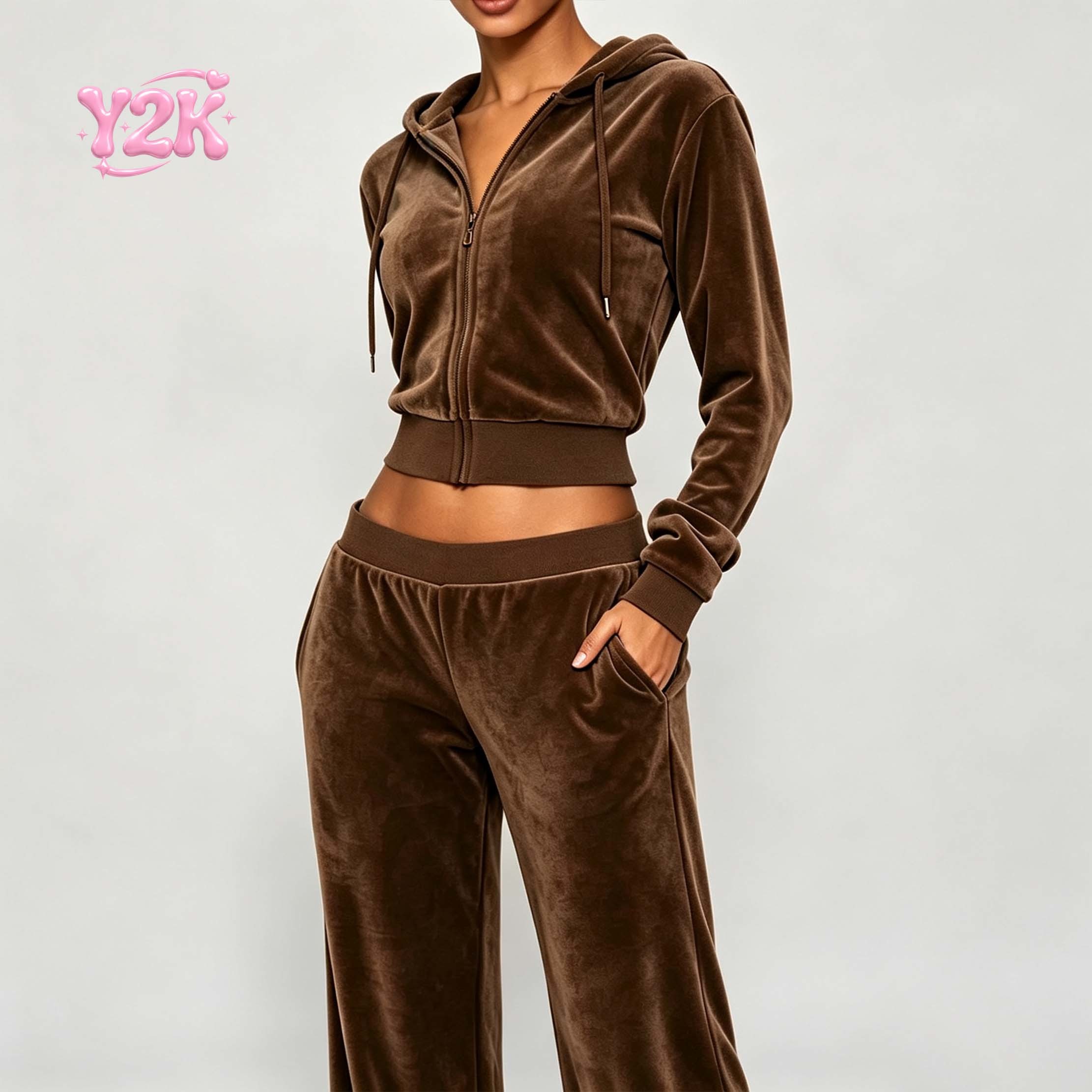 Custom Women's Rhinestone Velour Zip Hoodie Wide Leg Pants Set