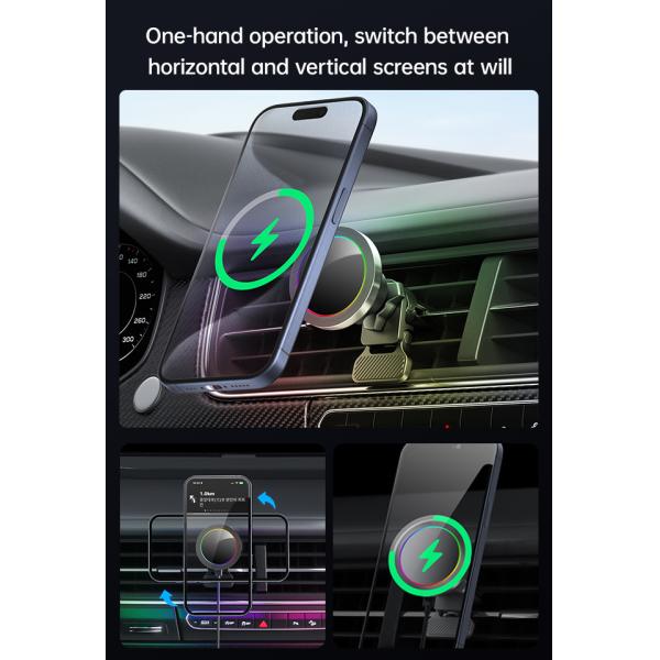 Iphone Car Charger Ultra Small Diameter Magnetic Wireless Charger Car Mount Aluminium Alloy Texture RGB Light Effect