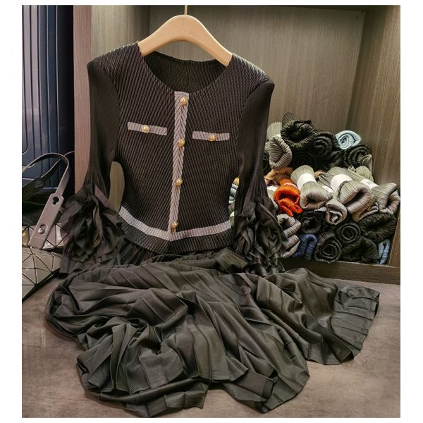 European Station Mid-Length Pleated Skirt New Fashion Neck Splicing Slim Dress Casual Chiffon Natural Waistline Day