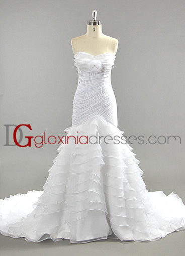 2013 Trumpet/Mermaid strapless train flowered chiffon organza bridal dresses BDGD1009