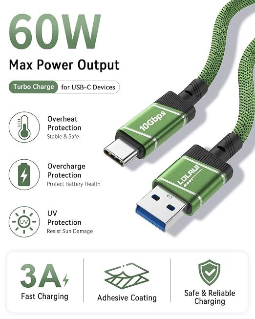 3Ft USB 3.2 Data Cable Green 30W Fast Charging Cable With High Speed Data Transfer