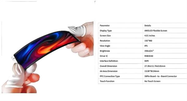 4.01 Inch Flexible AMOLED Display 192*960 Resolution MIPI Curved Screen For Smart Wearables