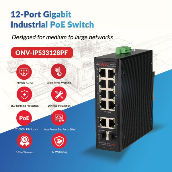 12 Port Gigabit Industrial PoE Switch 24Gbps Switching Capacity For Surveillance Networks