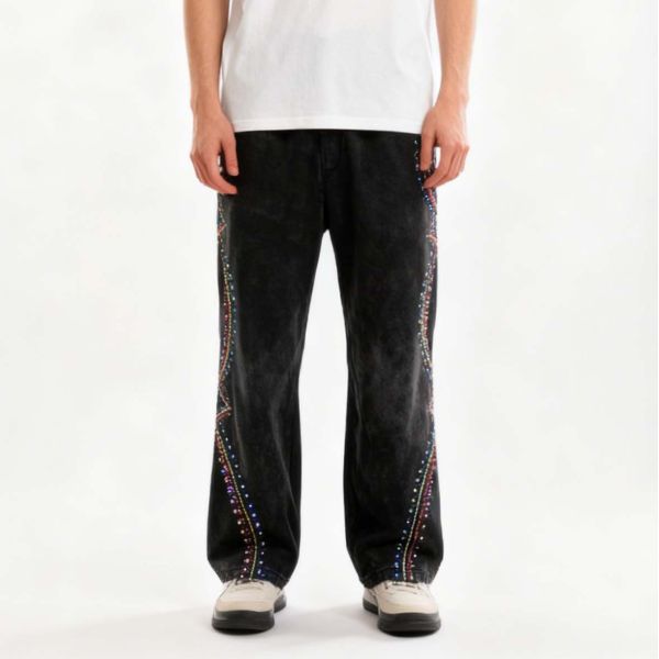 Custom Oversized Wide Leg Blank Spring Autumn Men Joggers Sweatpants American Style Cargo Rhinestone Waterproof Track Pants