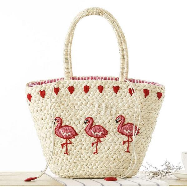New Korean version of the hand-embroidered shoulder bag straw bag beach knitting female fashion flamingo