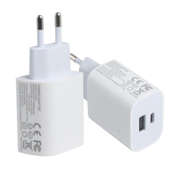 USB-CおよびUSB-Aポート付きEU 2ピン壁充電器、20Wコンパクトデュアルポート電源アダプター、携帯電話とタブレットの充電用